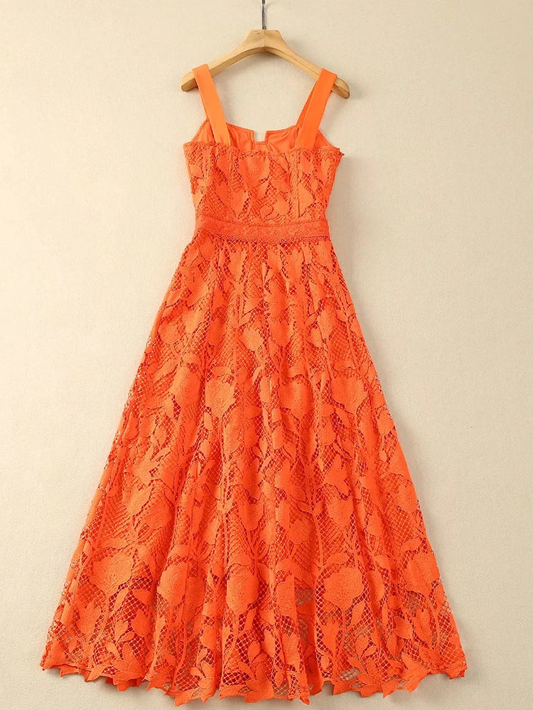 Scarlett Orange Suspender Splice Embossed hollow Lace Dresses