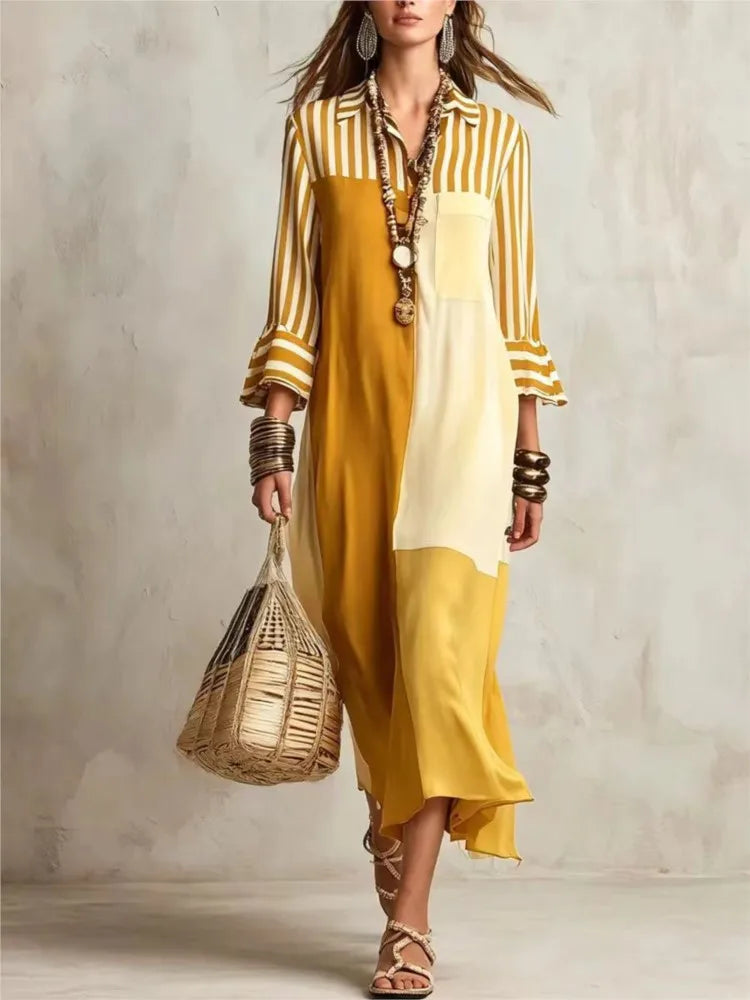 Jessa Elegant Striped Patchwork Loose Shirt Dress