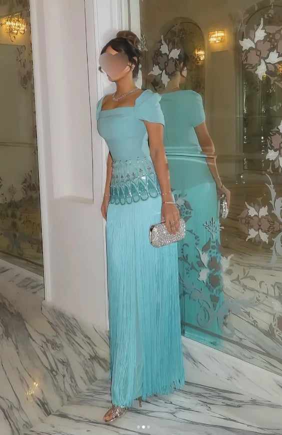 Katarina Prom Dress  Square Neck Short Sleeves Crystal Turquoise Evening Gown