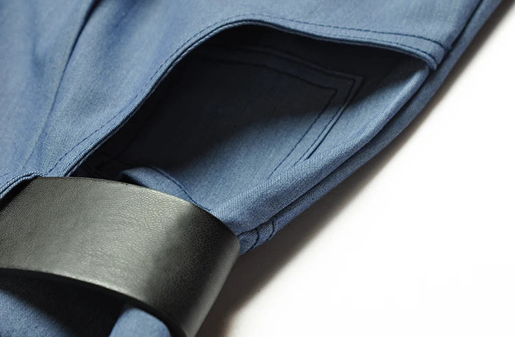 Laura Light Blue Turn-down Collar Pocket Belt Slim Buttock Covering Pencil Dress