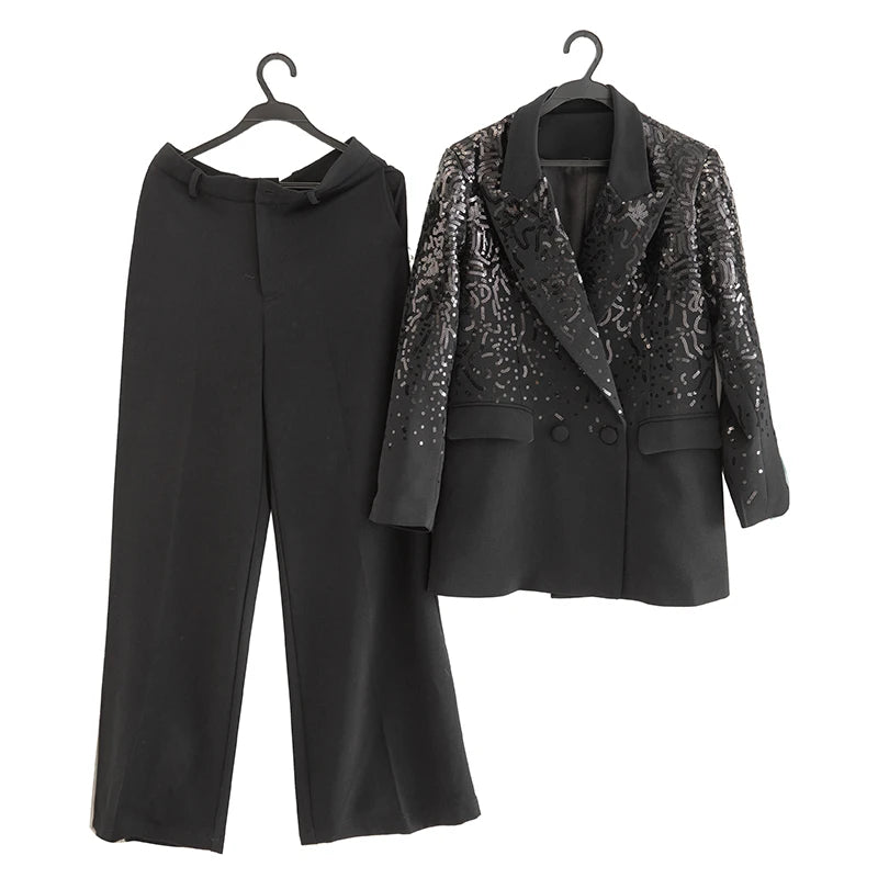 Delola Office Lady Suit Collar Long-Sleeved Sequin Suit Jacket+Wide Leg Pants 2-Piece Set