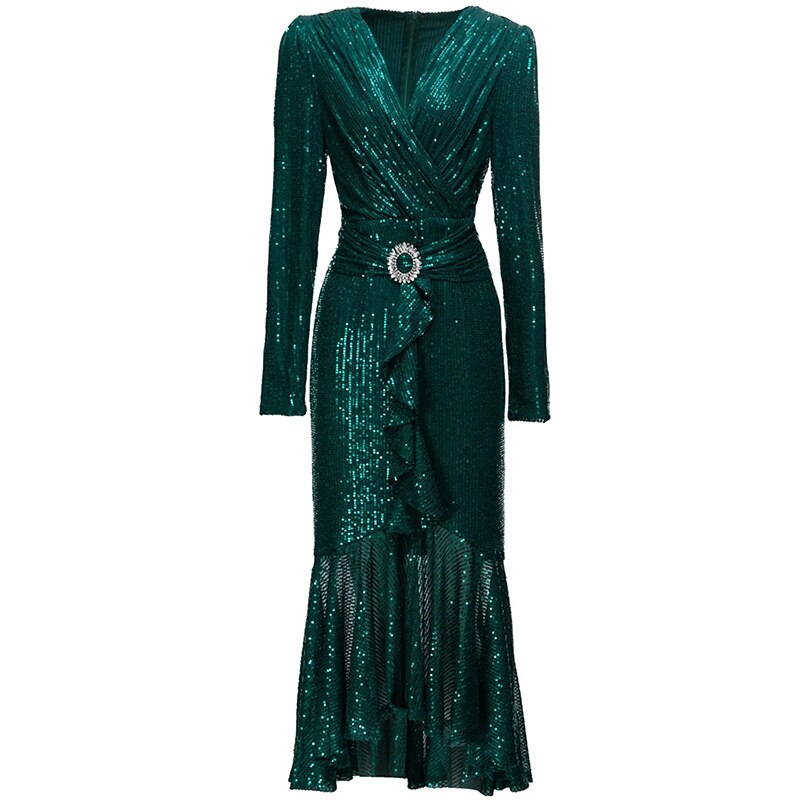 Amanda Pailletten Meerjungfrau-Ausschnitt Langarm Vintage Kleid mit Rautenrüschen