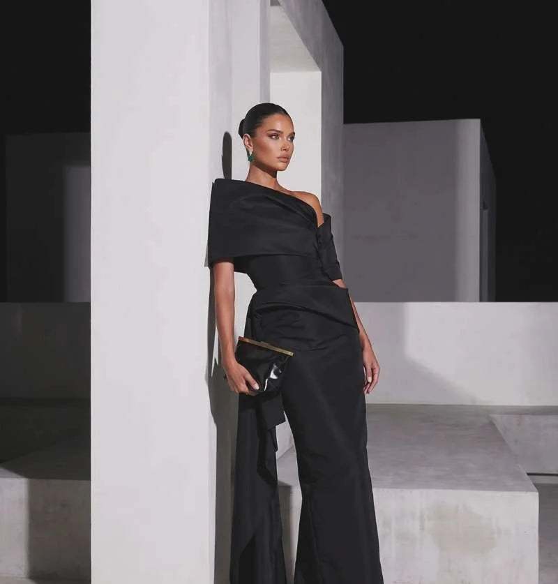 Annabelle Customized Black Satin One Shoulder Evening Dress Draped Ruched Mermaid Prom Dress