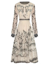 Load image into Gallery viewer, Palmer Mesh Dress Women O-Neck Lantern Sleeve Flowers Embroidery Vintage Short Dress