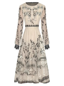 Palmer Mesh Dress Women O-Neck Lantern Sleeve Flowers Embroidery Vintage Short Dress