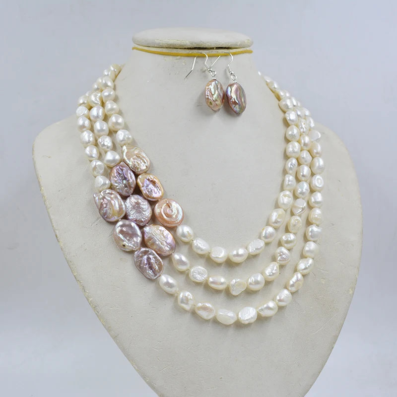 3 rows  9mm natural white Baroque freshwater pearl necklace/earring set. 18-25"