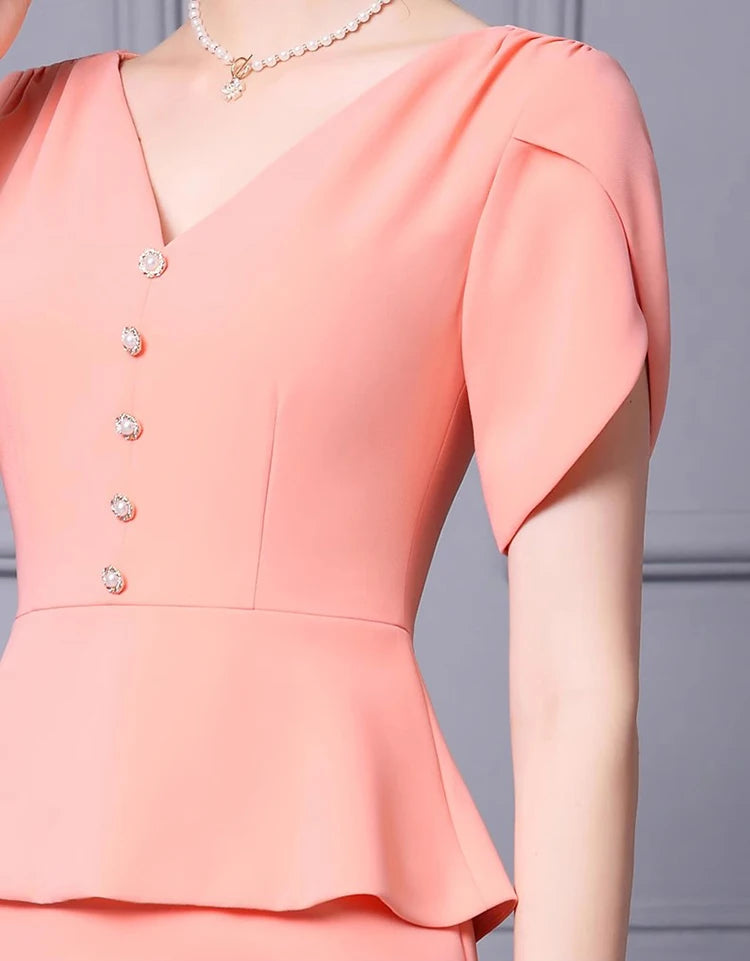 Kimora V-Neck Short sleeved Button Flounced Edge Slim-Fit Hip Wrap Dress