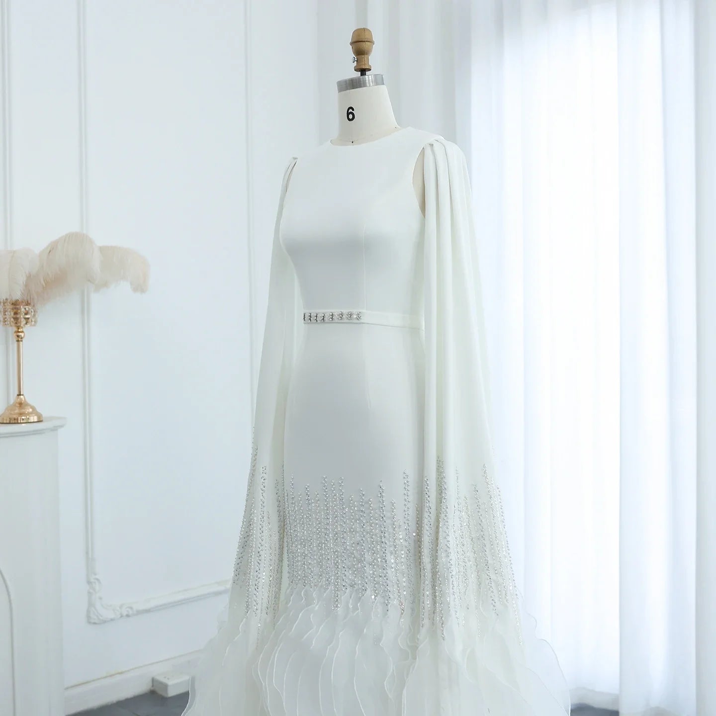 Adelaide White Evening Dresses with Cape Sleeves Tiered Ruffles Women Wedding Party Gown