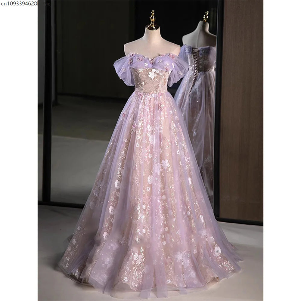 Mich Pink Purple Evening Dress Women Sweet Pleated Off The Shoulder Flower Applique Prom Gown Sequins A-Line Vestido