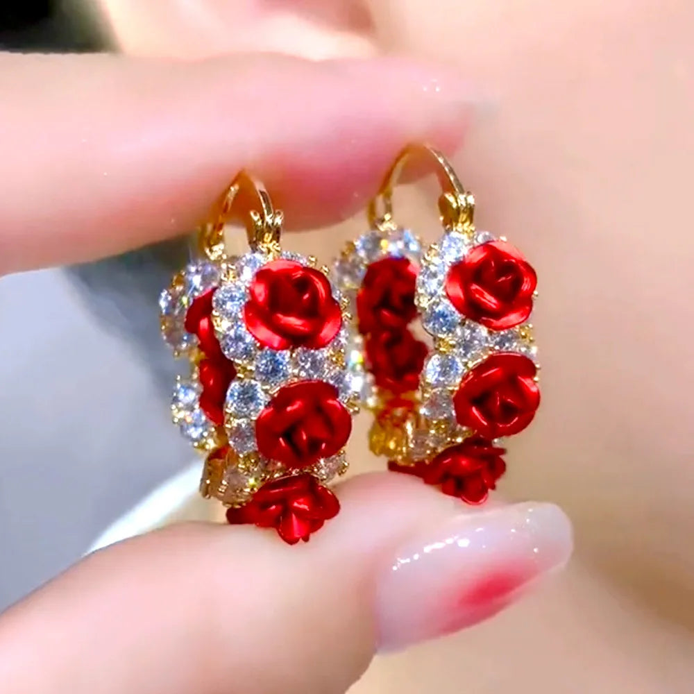Exquisite Red Rose Zircon Earrings