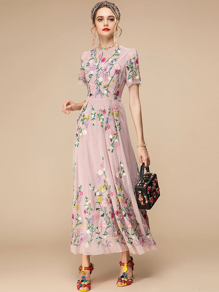 Sylvie Pink Mesh Flowers Embroidery Vintage Party Long Dress