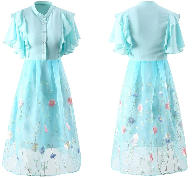 Camille O-Neck Butterfly Sleeve Floral Embroidery Vintage Single-Breasted Dress