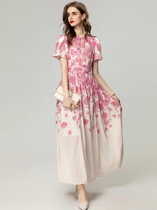 Imogen O-Neck Short Sleeve Floral Print Folds Elegant Bohemian Long Dress