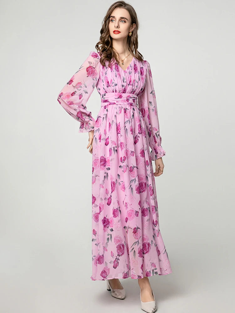 Eliana Vintage Rose Print V-Neck Dress