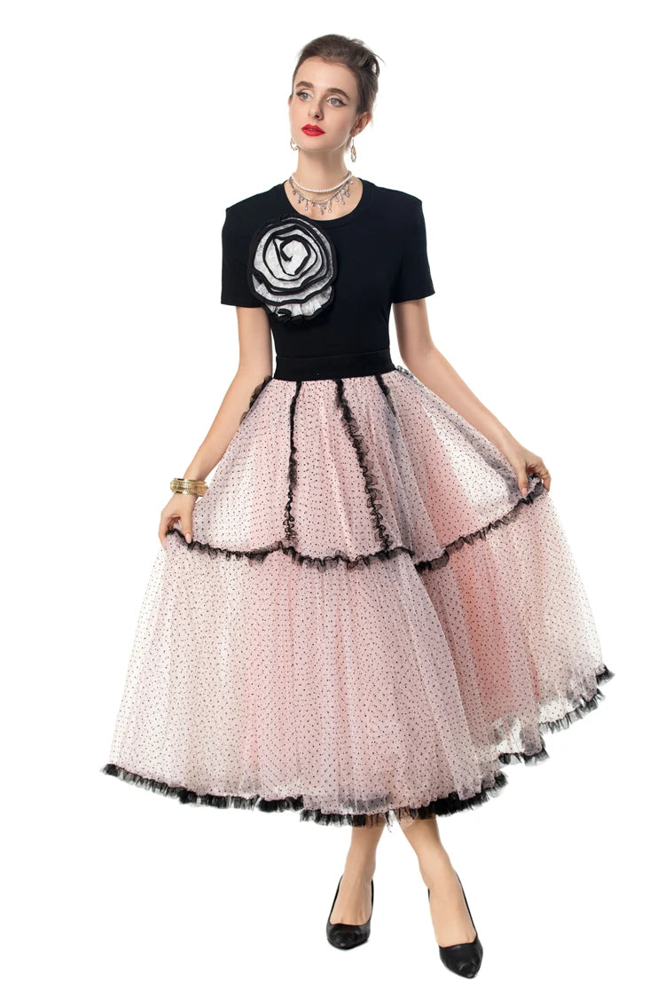 Berkley Two Piece Sets O Neck Short Sleeves Appliques Blouse with Layered Tull Skirts
