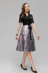 Ava V-Neck Brooch Sequins Lace Embroidery Frenulum Jacquard Midi Dress