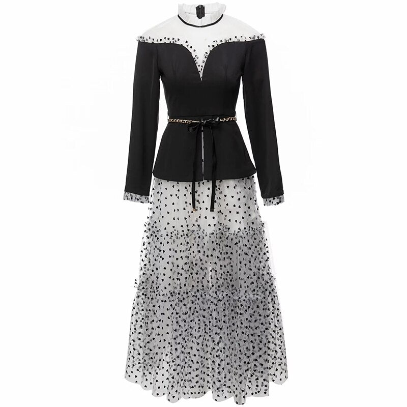 Yaretzi Early Autumn  Stand Collar Long Sleeve Mesh Patchwork Lace-up Office Lady Dress