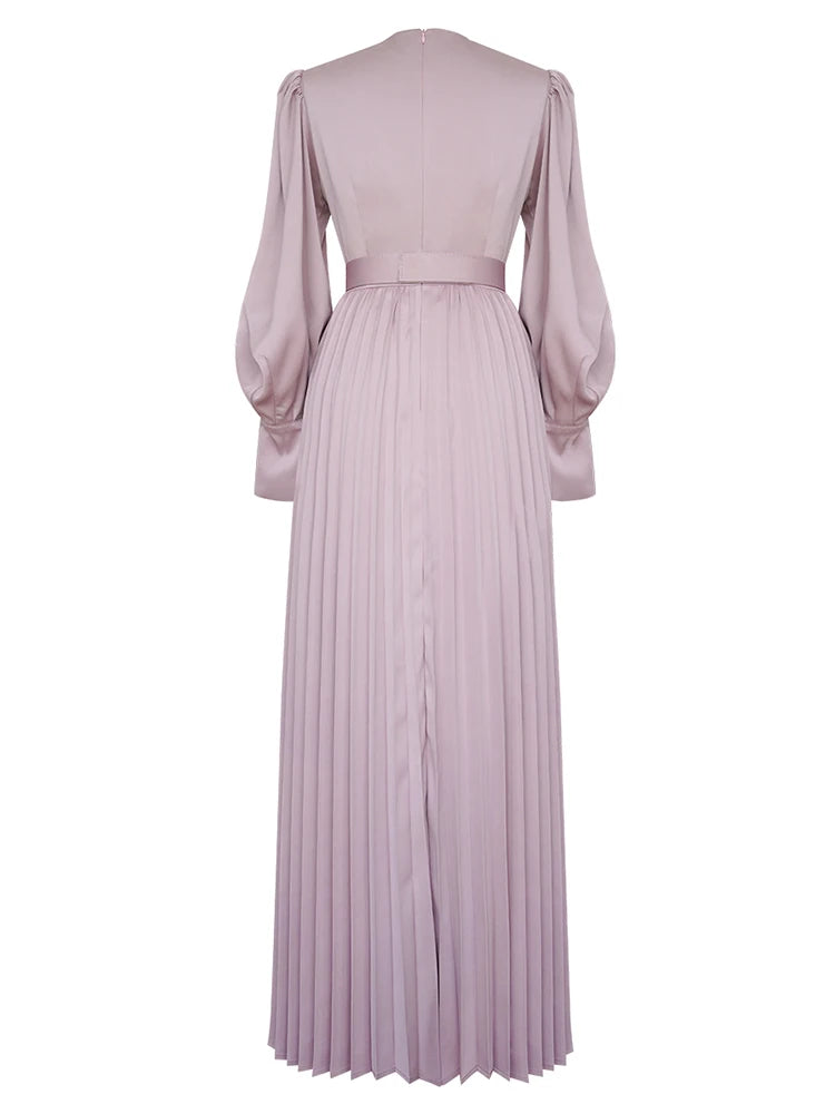 Amanda Pleated Satin Gown Long Dress