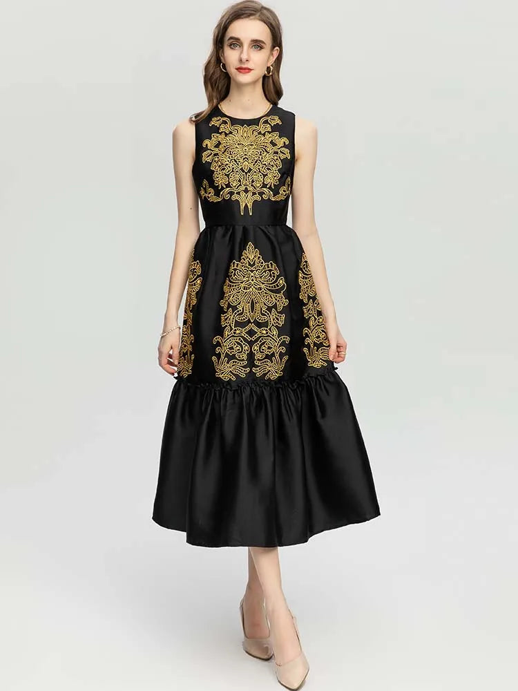 Soleil High waist sleeveless Embroidery Vintage Dress