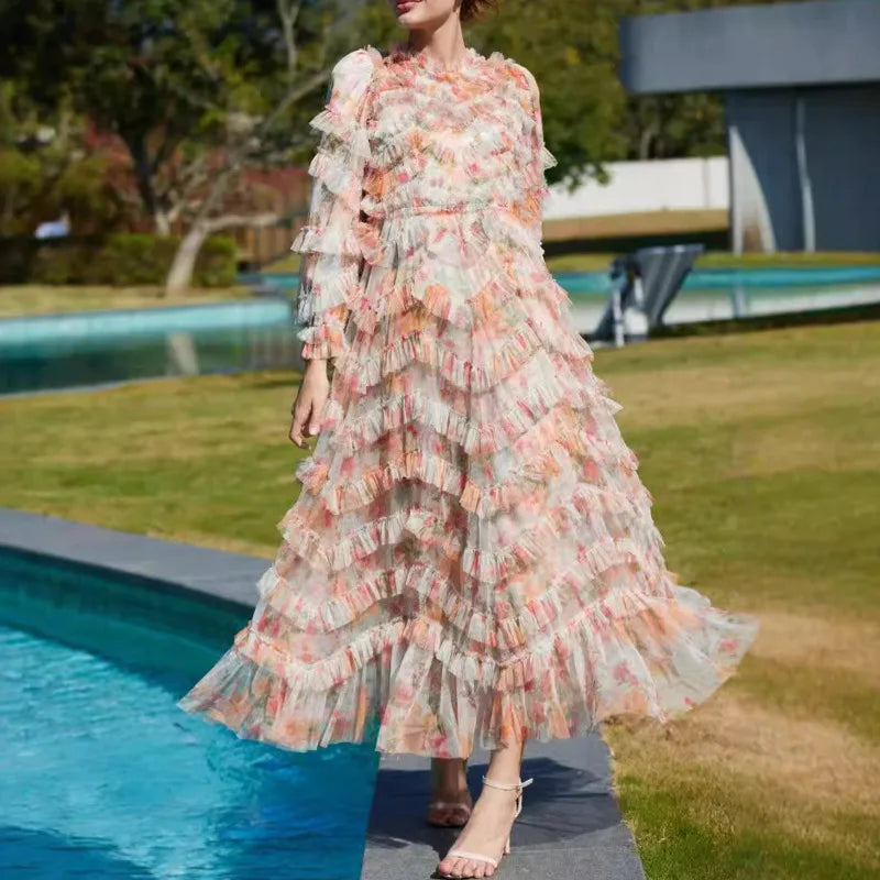 Athena Elegant Flower Print Embroidery Dress