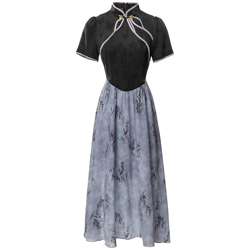 Bernadette Stand-Neck Short Sleeved Button Leaf Printing Casual  Dress