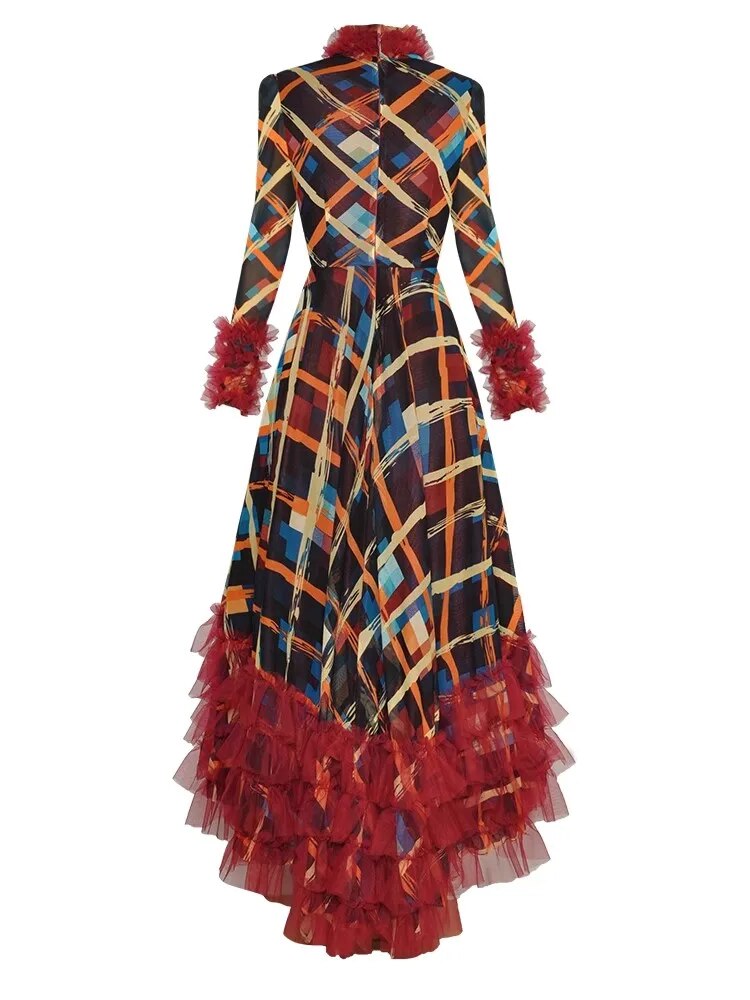 فستان Aliza بياقة واقفة وأكمام طويلة وطباعة منقوشة شبكية مكشكشة أنيقة للحفلات غير متماثلة