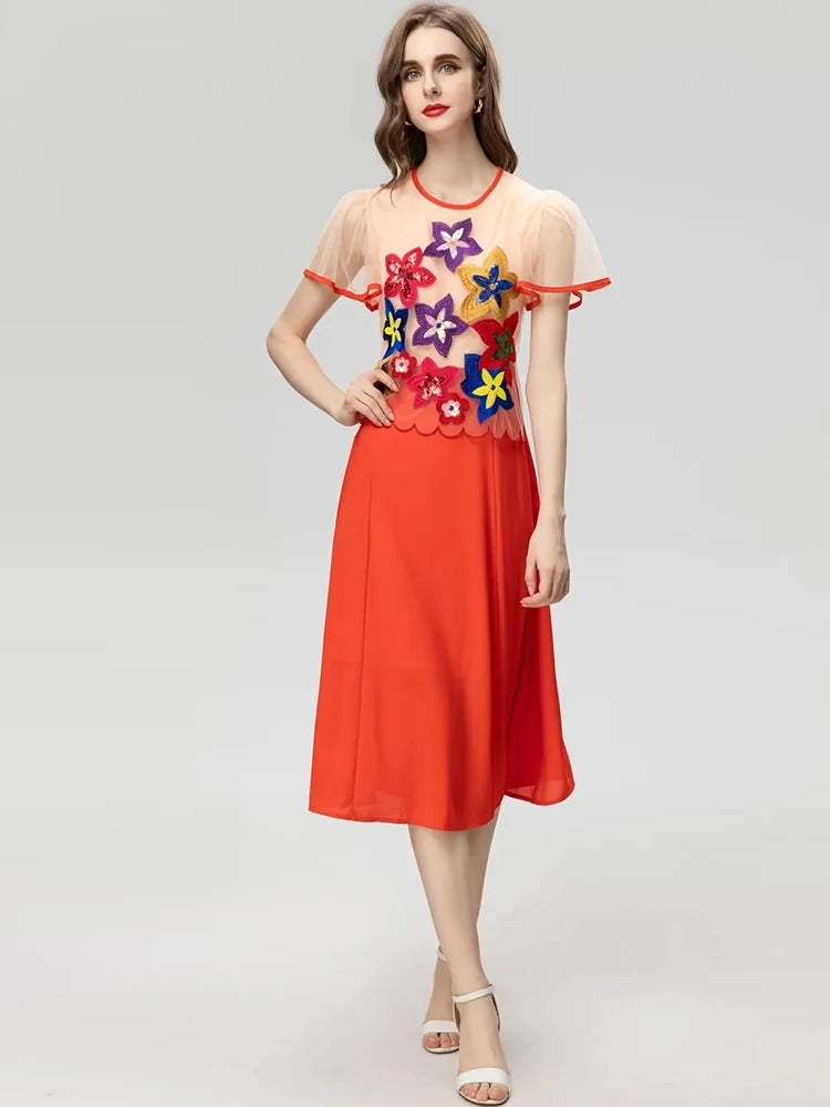 Brynn Short sleeved Mesh Embroidered Sequin Patchwork Slim Elegant New Dress
