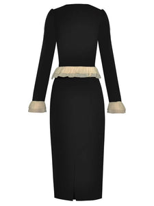 Lillie V-Neck Contrasting Colors Ruffle Coat + Pencil Skirt Office Lady 2 Piece Set