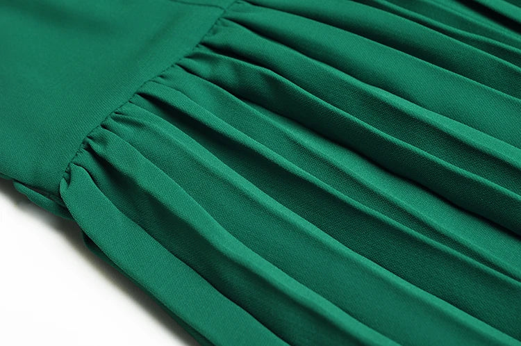 Zephr Green V-Neck Crystal Beading Appliques Lantern Sleeve Belt Pleated Dress