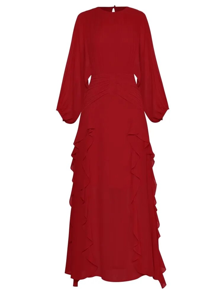 Nyx O-Neck Lantern Sleeve Folds Ruffles Elegant Party Red Long Dress