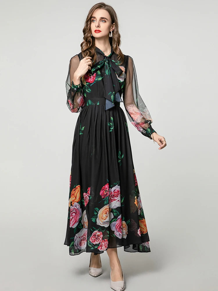 Noah Lace-up Collar Lantern Sleeve Floral Print Elegant party Dress