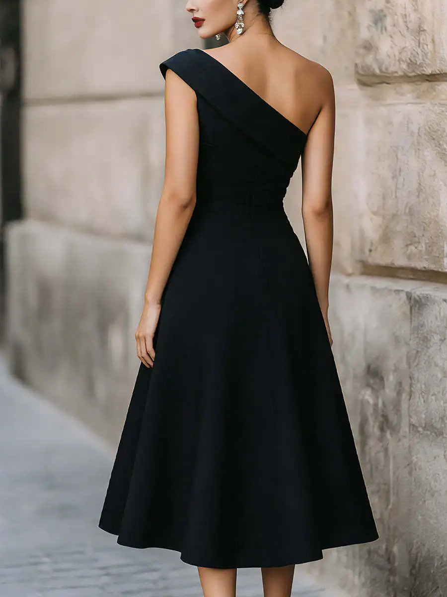 Wenny Off-shoulder Solid Color High Waist Slimming Simple Temperament A-line Skirt