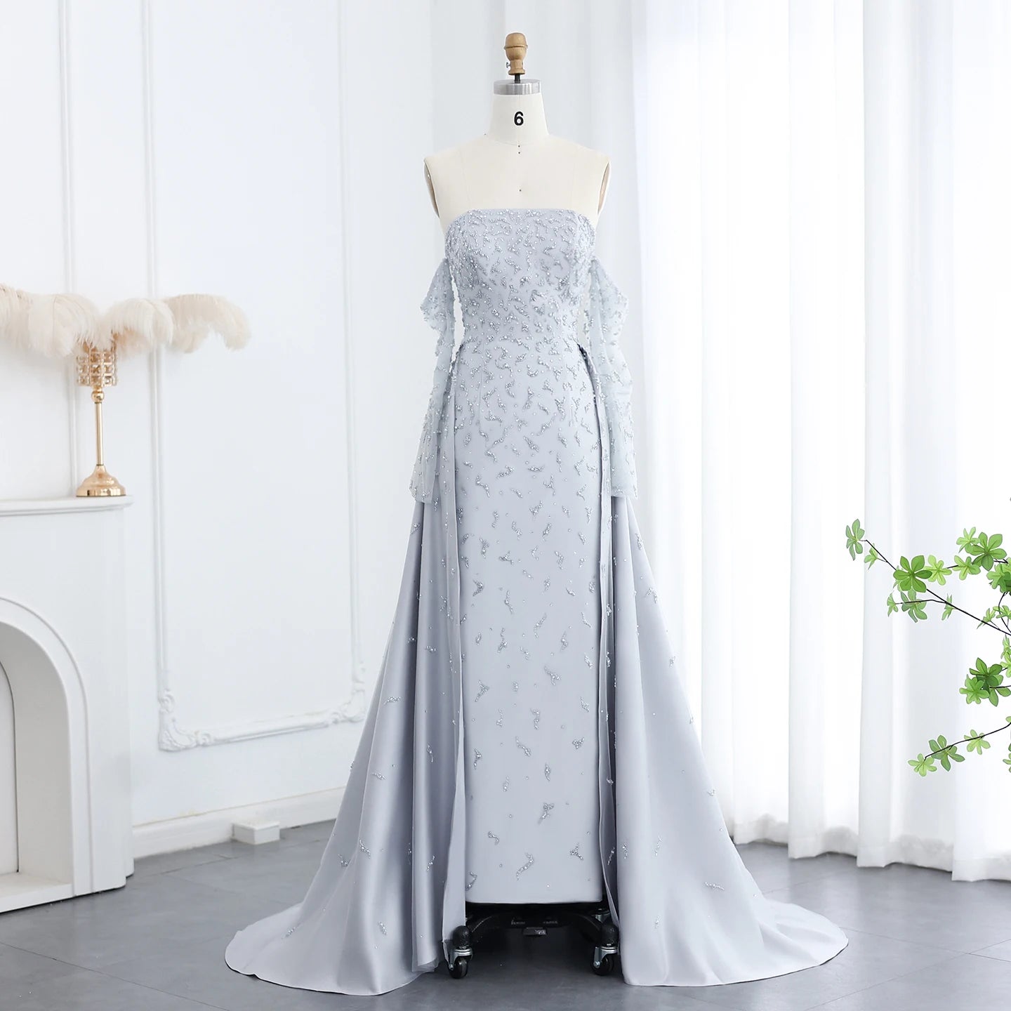 Kira Silver Gray Luxury Dubai Evening Dress with Overskirt Sleeves