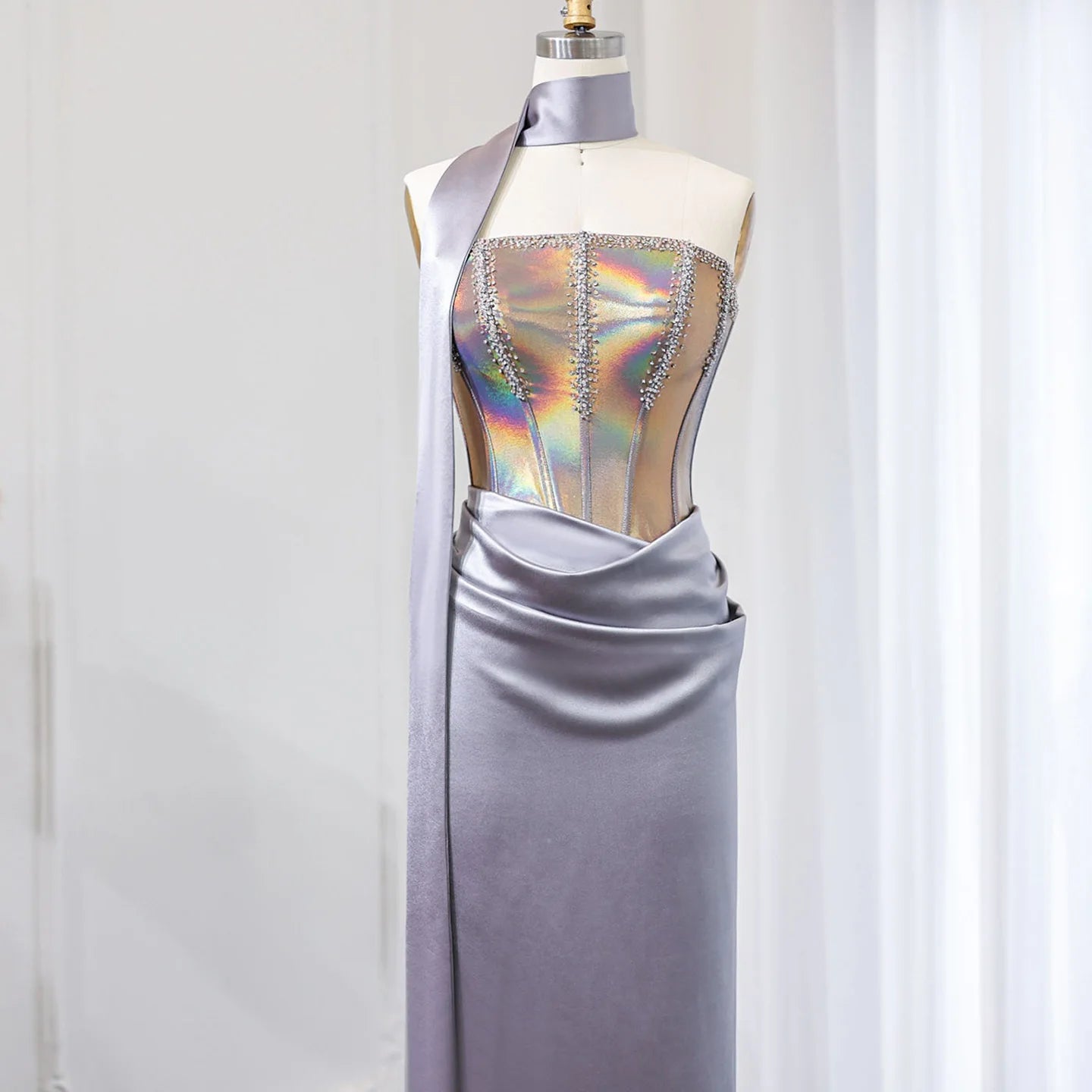 Strapless Gray Satin Evening Dress with Scarf Strapless Gray Satin Evening Dress with Scarf