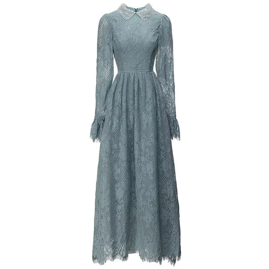 Laurel  Beading Peter pan Collar Flare Sleeve Vintage Long Dress