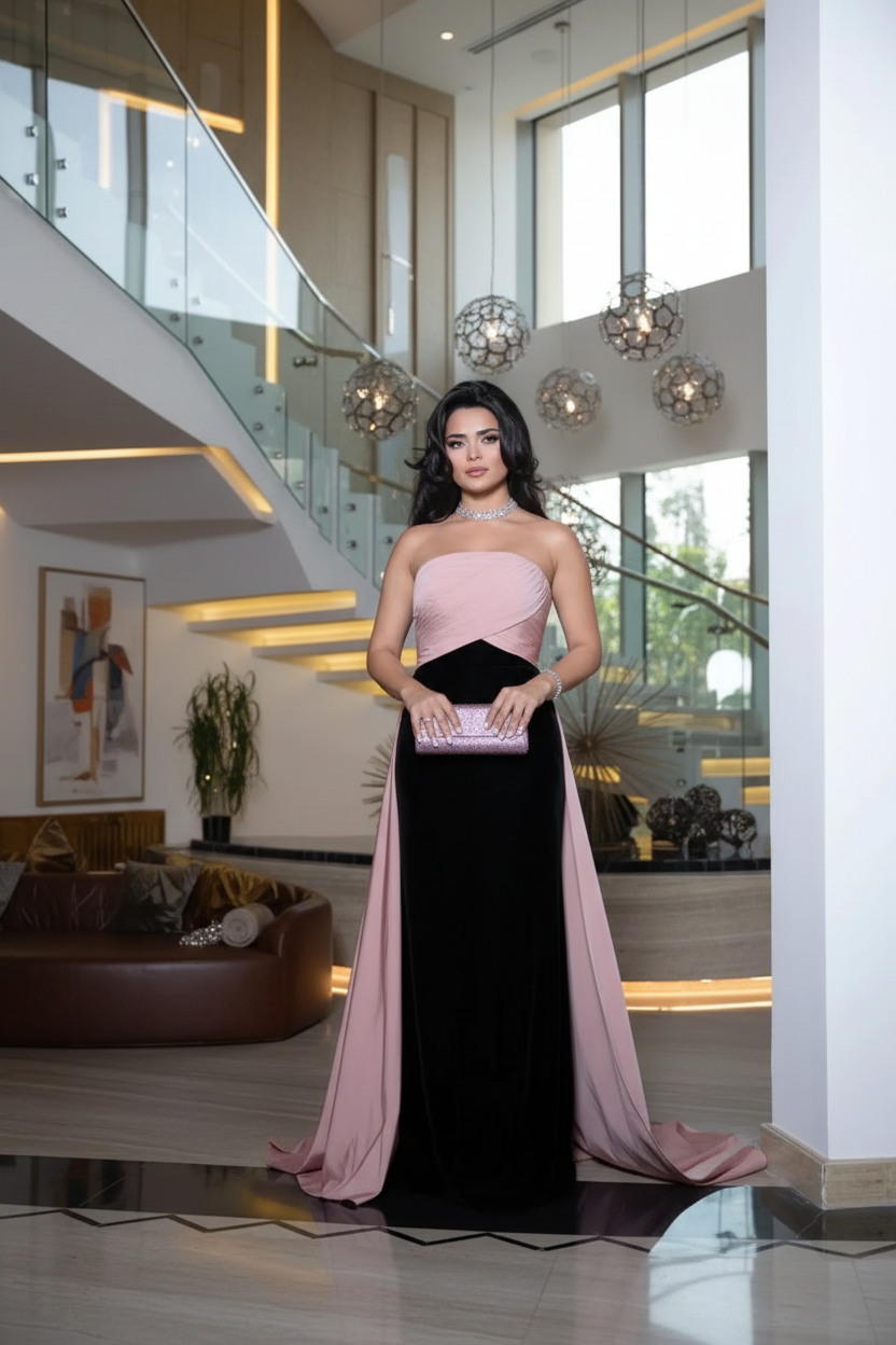 Black and Pink Strapless Evening Dress