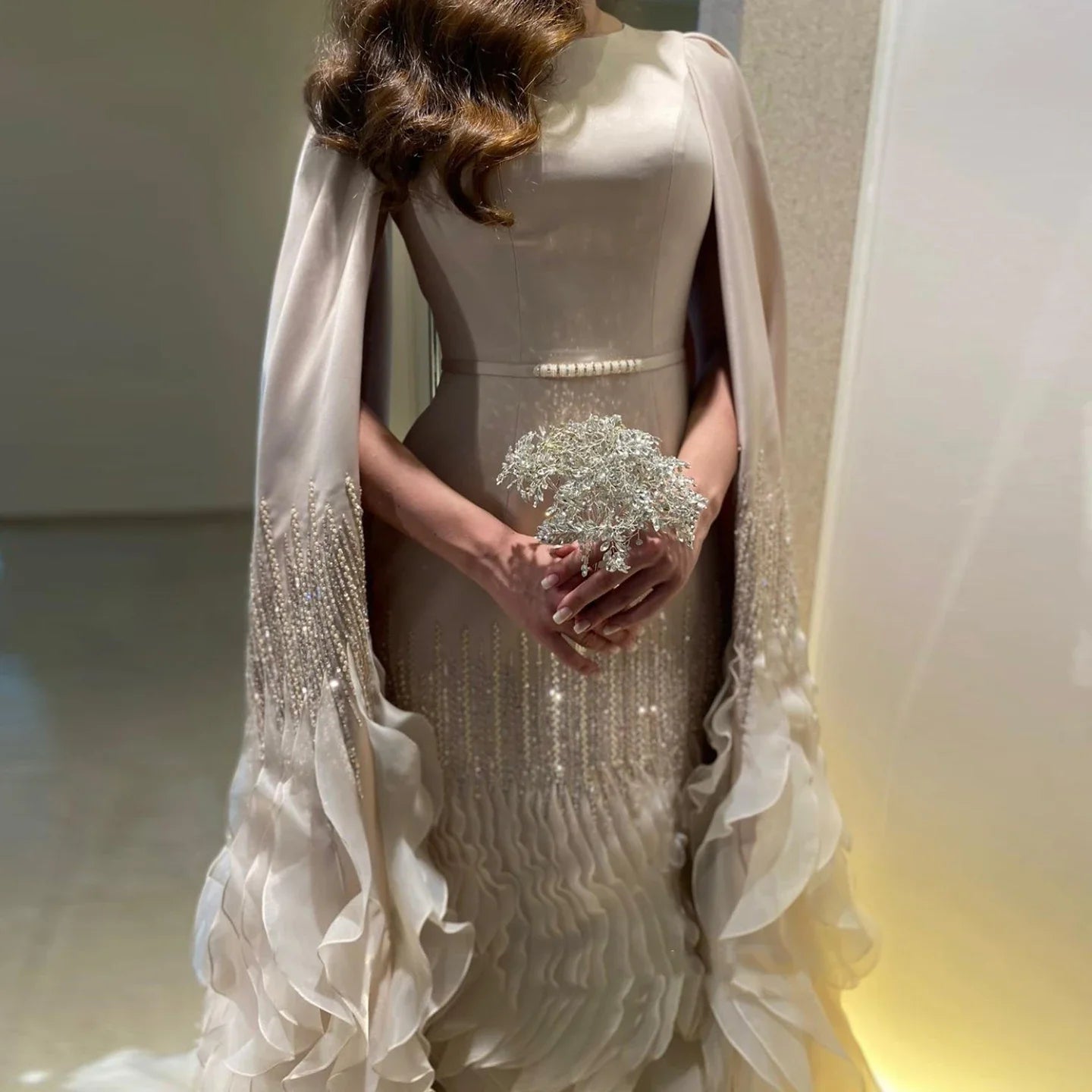 Adelaide White Evening Dresses with Cape Sleeves Tiered Ruffles Women Wedding Party Gown