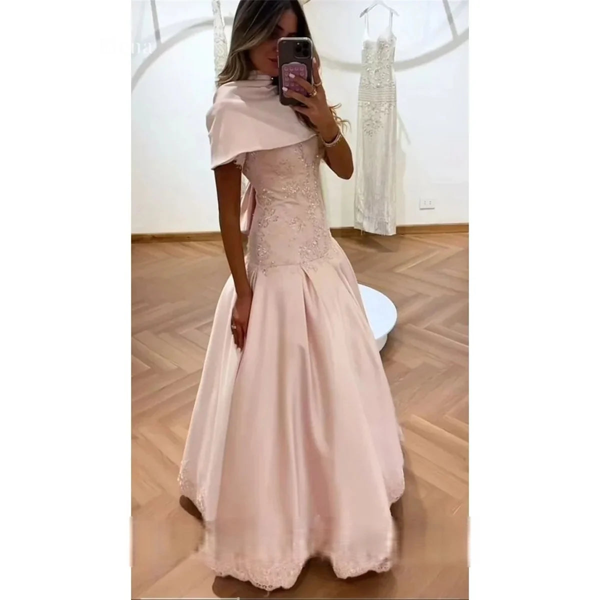 Elena Satin High Pink Ball Gown Elegant Evening Gown Blush Detachable Capelet Dress