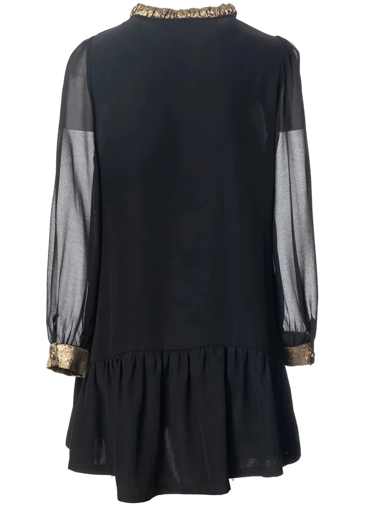 Wanda Spring Minikleid Damen Schleife V-Ausschnitt Laternenärmel Kontrastfarben High Street Lockeres Kleid