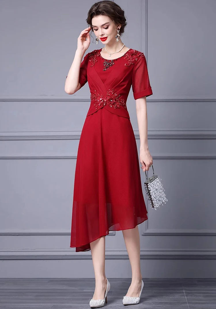 Valerie Crystal Beading Appliques High Street Solid Color Asymmetrical Dress