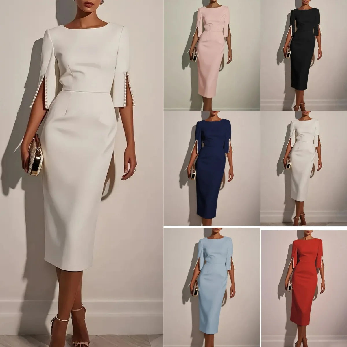 Carina Office Solid Color Commuter Bead Slim and Elegant Evening Party Dress