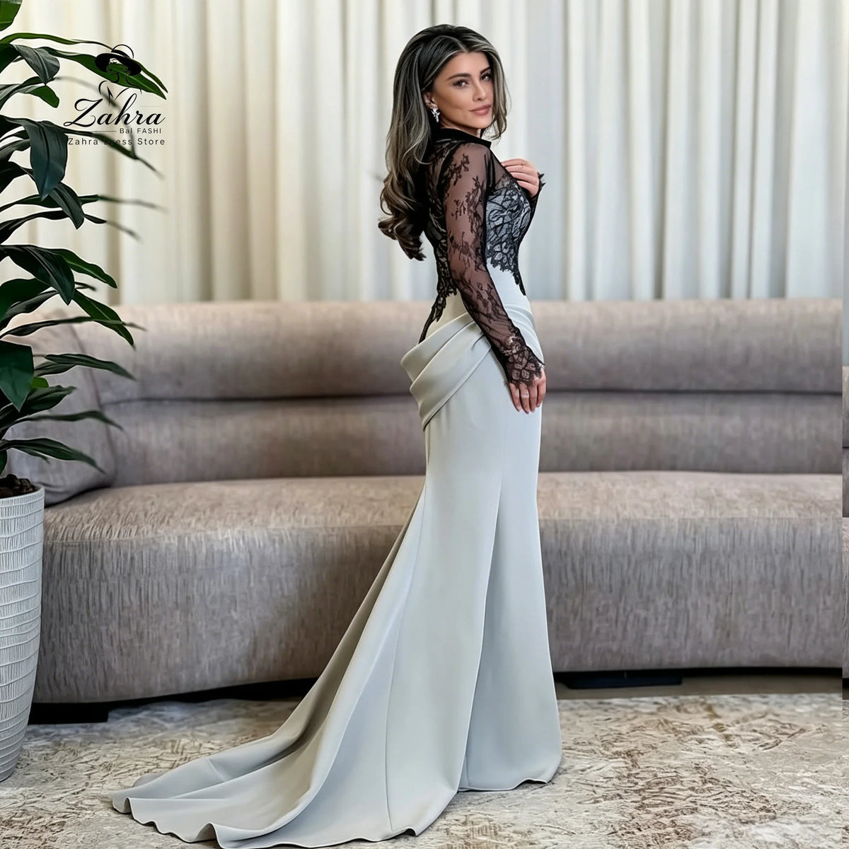 Leigh Lace Prom Dresses High Neck Long Sleeve Evening Dresses
