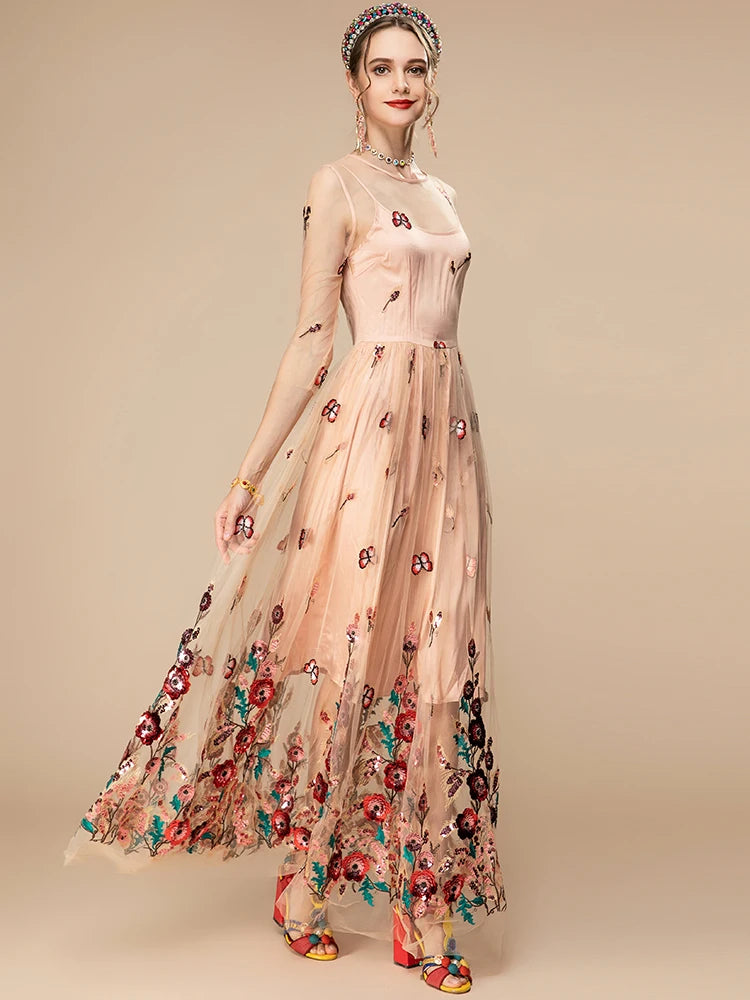 Zaria Floral Embroidery Vintage Party Long Dress