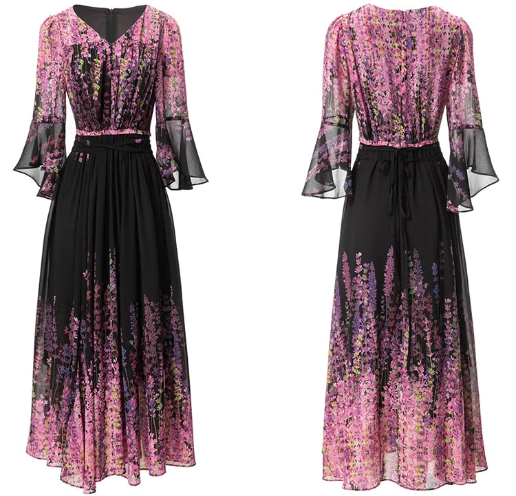 Ari V-Neck Flare Sleeve Flower Print  Elegant Party Long Dress