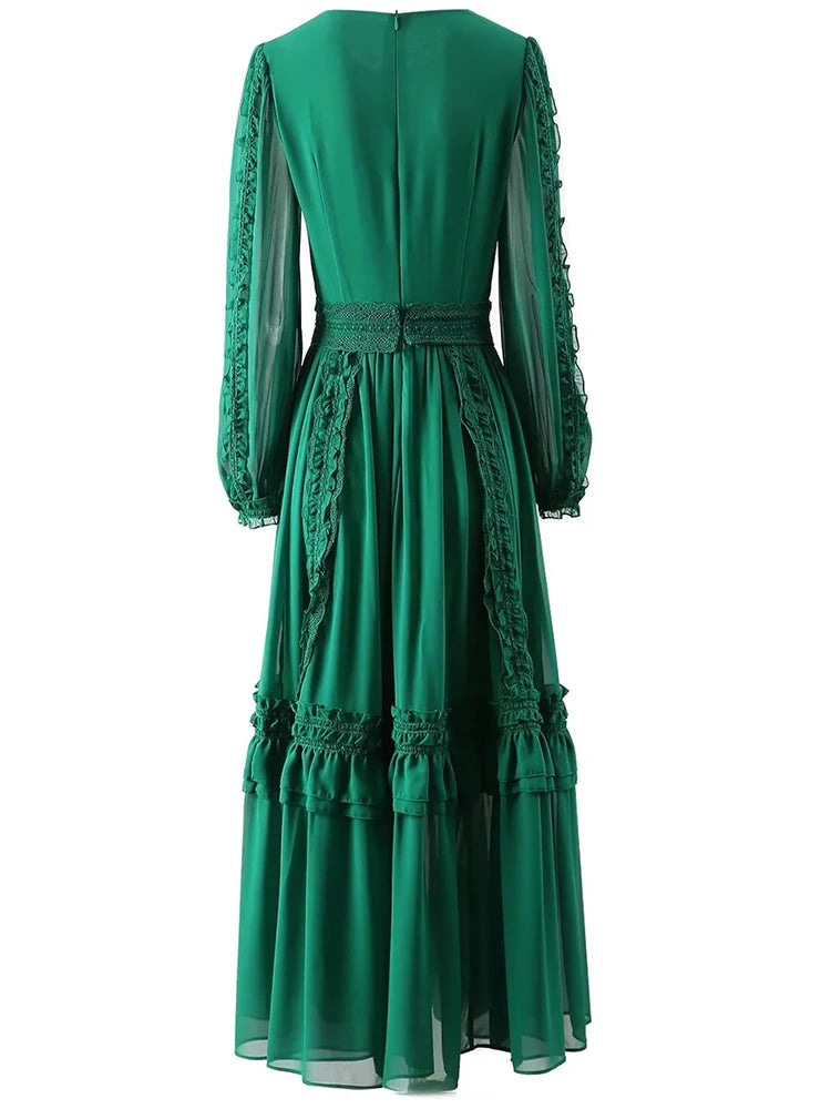 Myra O-Neck Lantern Sleeve Ruffles Green Vintage Dress