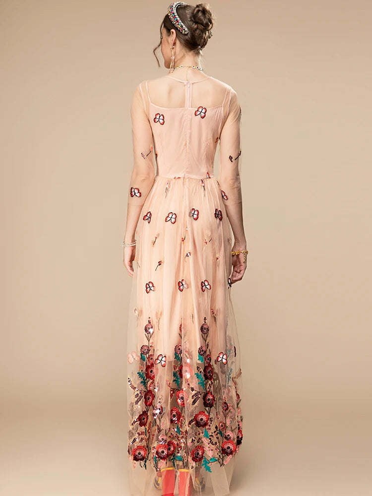 Zaria Floral Embroidery Vintage Party Long Dress