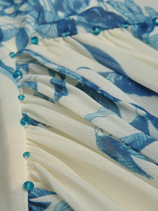 Terra V-Neck Puff Sleeve Beading Floral  Midi Dress