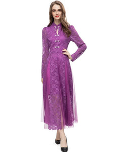 Hattie Stand Collar Long Sleeve Beadings Button Mesh Patchwork Chinese Style Dress