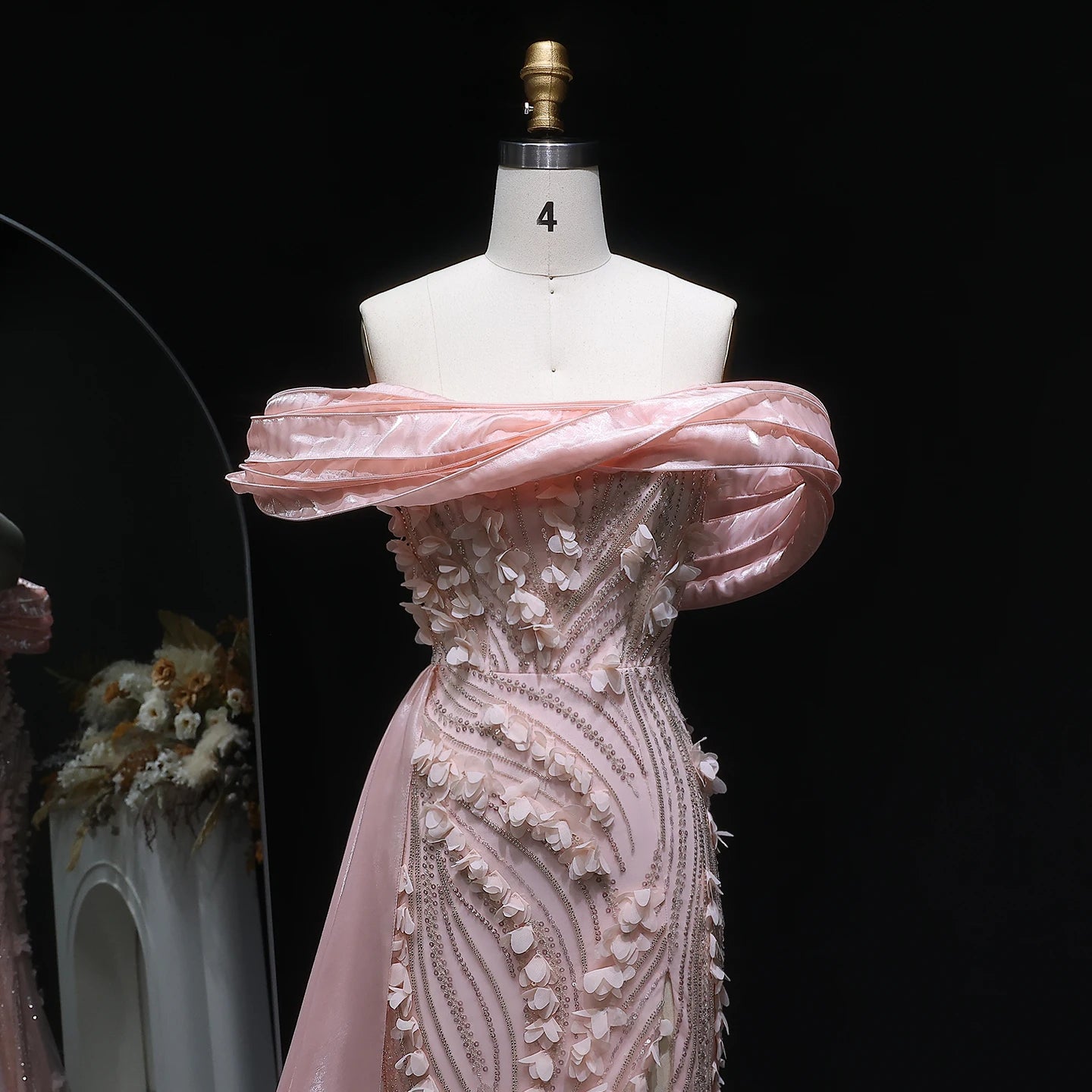 Peony Pink Off Shoulder with 3D Floral Appliques Evening Dress