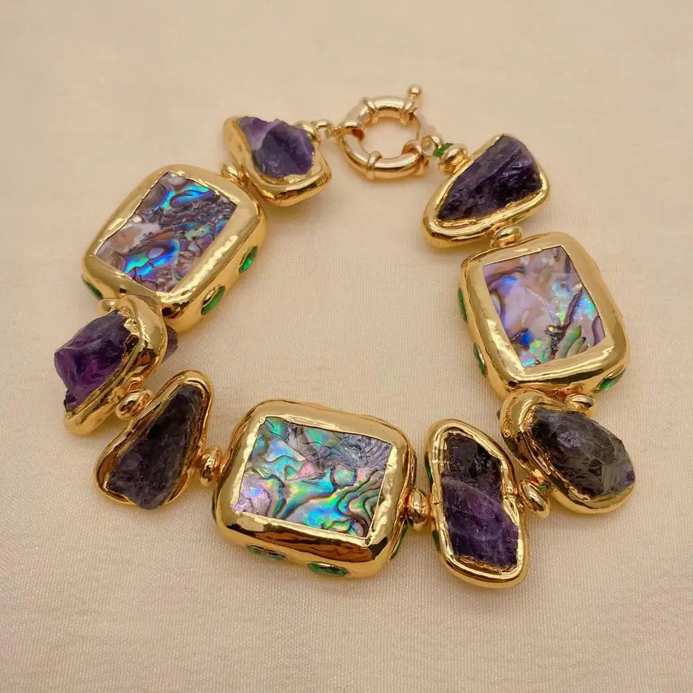 Purple Amethyst Rough 21x28mm Rainbow Color Abalone Shell Crystal Pave  Bracelet 8"